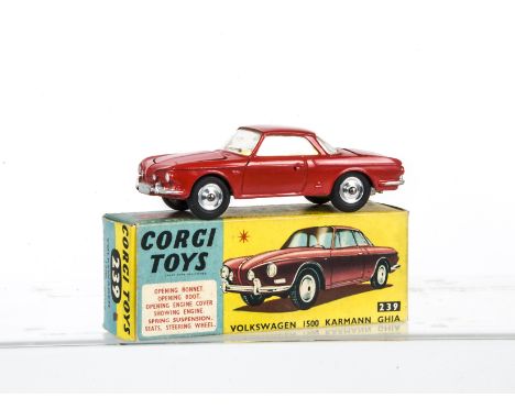 A Corgi Toys 239 Volkswagen 1500 Karmann Ghia, orangey-red body, lemon interior, spun hubs, in original box, E, box F-G 