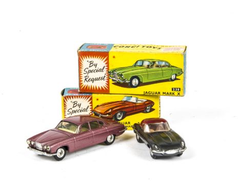 Corgi Toys 307 E Type Jaguar, metallic grey body, brown interior, removable hardtop, spun hubs, 238 Jaguar Mark X, metallic c