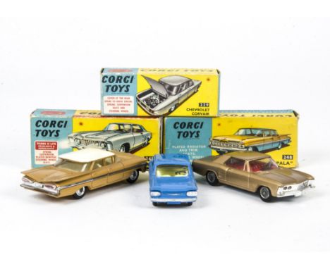 Corgi Toys American Cars, 245 Buick Riviera, gold body, red interior, wire wheels, 248 Chevrolet Impala, light brown body, wh