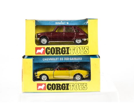 Corgi Toys 260 Renault 16, metallic maroon body and 338 Chevrolet SS 350 Camaro, metallic lime green body, black roof, red in