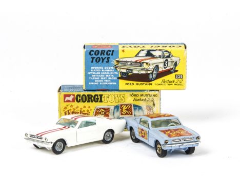 Corgi Toys 348 Ford Mustang Flower Power Stock Racing Car, lilac body, psychedelic decals, RN20, cast hubs, 325 Ford Mustang 