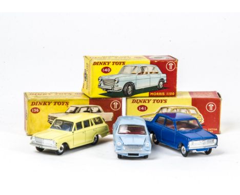 Dinky Toys 140 Morris 1100, light blue body, red interior, spun hubs, 136 Vauxhall Viva, dark metallic blue body, red interio