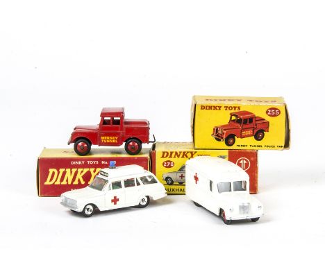 Dinky Toy Emergency Service Vehicles, 253 Daimler Ambulance, matt white body, red hubs, glazing, 278 Vauxhall Ambulance, 255 