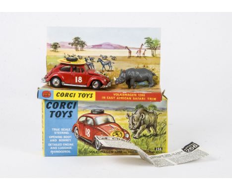 A Corgi Toys 256 Volkswagen 1200 East Africa Safari Trim, orange body, RN18, spun hubs, Rhinoceros figure, in original box wi