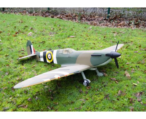 A static model of RAF Spitfire Fighter Aircraft in WWII colours, approximately 1:7 scale, no. AB216, constructed in wood, bui