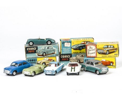 Corgi Toy Cars, 305 Triumph TR3 Sports Car, 202 Morris Cowley Saloon, 324 Marcos 1800 GT, 201 Austin Cambridge Saloon, 302 MG