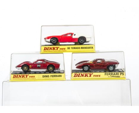 Dinky Toy Cars In Hard Plastic Cases, 187 De Tomaso-Mangusta, pink/white body, 220 Ferrari P5, metallic red body, 216 Dino Fe