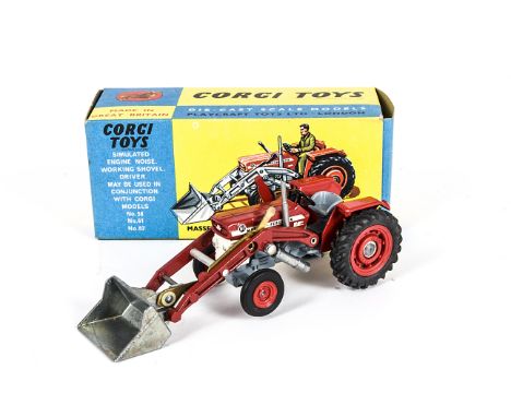 A Corgi Toys 69 Massey-Ferguson 165 Tractor With Shovel, red body and hubs, grey chassis, silver shovel, in original box, E, 