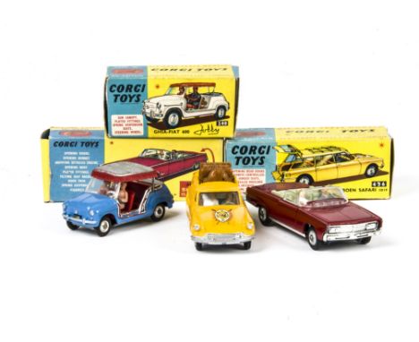 Corgi Toys 240 Ghia-Fiat 600 Jolly, blue body, red interior, two figures, spun hubs, 246 Chrysler Imperial, dark red body, pa