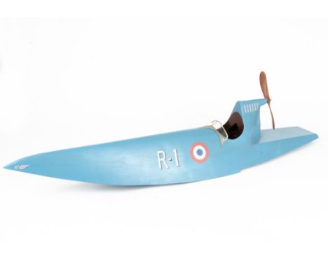 A large scale static model of a  Mono Hydroplane Speedboat,  constructed in wood, painted in service blue with RAF roundels a