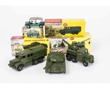 Military Dinky Toys, 689 Medium Artillery Tractor, 661 Recovery Tractor, plastic hubs, 651 Centurion Tank, plastic hubs, 342 