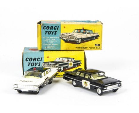 Corgi Toys 223 Chevrolet State Patrol, black body, lemon interior, 'State Patrol' labels, flat spun hubs, 481 Chevrolet Polic