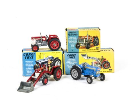 Corgi Toys Tractors, 67 Ford 5000 Super Major Tractor, 69 Massey-Ferguson 165 Tractor with Shovel, 66 Massey-Ferguson 165 Tra