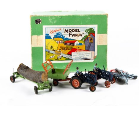Britains rare post WW2 boxed set 134F Tractors and Implements Set, models F-G, loose in F box, box missing base insert (that 
