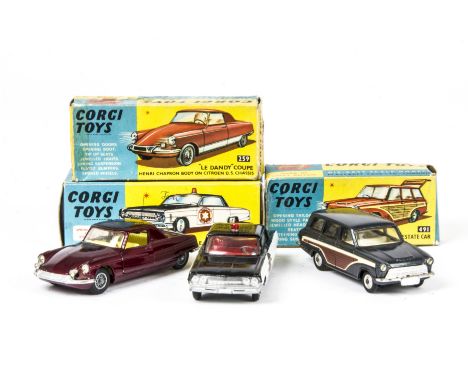 Corgi Toys 237 Oldsmobile Sheriff Car, 259 Citroën Le Dandy Coupe, metallic maroon body, yellow interior, wire wheels, 491 Fo