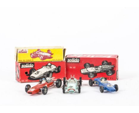 Solido Racing Cars, Ref.167 Ferrari F1, red body, RN18, cast hubs, Ref.142 Alpine F.III, blue body, RN9, cast hubs, Ref.135 L