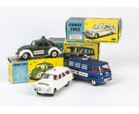 Corgi Toy Police Vehicles, 464 Commer Police Van, 'County Police' decals, 492 Volkswagen European Police Car, 419 Ford Zephyr