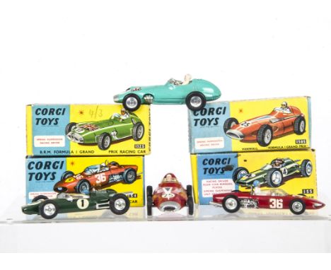 Corgi Toys Formula 1 Racing Cars, 155 Lotus-Climax, RN1, 154 Ferrari, RN36, 150S Vanwall, RN25, 152S B.R.M, RN7, in original 