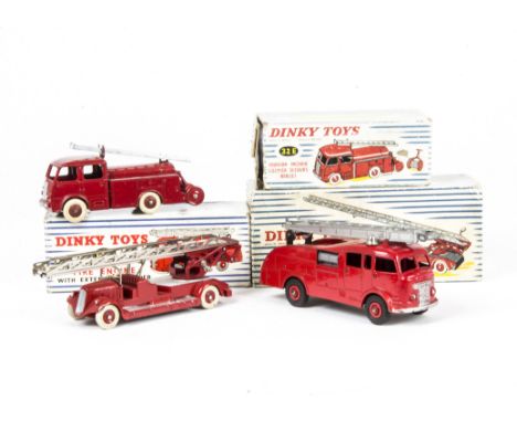 French Dinky Toys 32D Delahaye Fire Escape, 32E Berliet Fire Engine, English Dinky Toys 955 Fire Engine with extending ladder