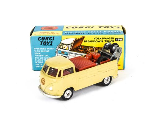 A Corgi Toys 490 Volkswagen Breakdown Truck, avocado body, red 'VW' emblem, spun hubs, in original box with club leaflet, E, 