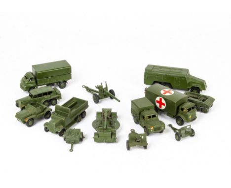 Military Dinky Toys, including 162a Light Dragon Tractor, 162b Ammunition Trailer, 162c 18-Pounder Gun, 161b Anti-Aircraft Gu