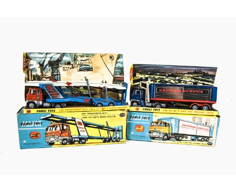 Corgi Major Toys 1137 Ford Articulated Truck, blue/silver/red body, mechanic figure, 1138 Ford Articulated Car Transporter, r