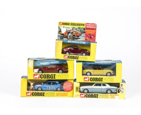 Corgi Toys With Golden Jacks, 302 Hillman Hunter, 273 Rolls Royce Silver Shadow, 276 Oldsmobile Toronado, 341 Mini Marcos GT 