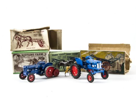 Britains boxed farm vehicles comprising 130F Farm Trailer (last metal hub version), 40F Cart &amp; Horse, 9F Roller, with 2 m