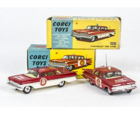 Corgi Toys 482 Chevrolet Fire Chief, red over white body, lemon interior, round door labels, spun hubs, 439 Chevrolet Fire Ch