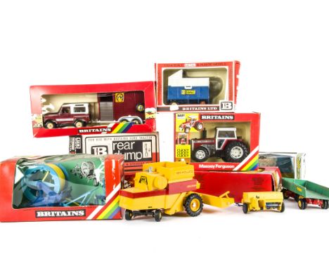 Britains boxed farm vehicles and implements comprising 9517 Massey Ferguson tractor, 9547 Hose Drum Irrigator, 9612 County La