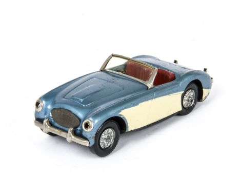 A Minimodels Scalextric Tinplate Austin Healey 100/6 Sports, scarce electric tinplate model, metallic blue body, cream sides,