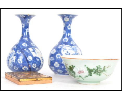2 believed 19th century blue and white kangxi vases decorated with clouds etc, each of dump baluster form with 4 character ma