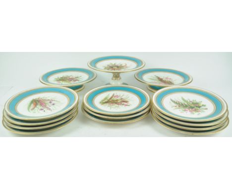 A Royal Worcester part dessert service, late 19th century, impressed marks, painted with a bouquet of flowers within turquois