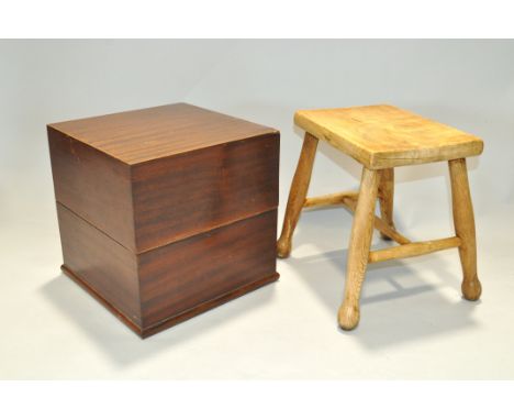 A mahogany square section hinged decanter box, inlaid with ebony stringing, together with a pale elm or ash rectangular secti