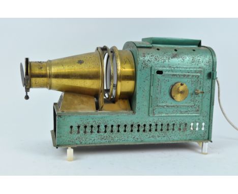 A Magic lantern projector, label to base, from The Euphaneron, E G Wood, 74 Cheapsidem, later converted to electricity, 42cm 