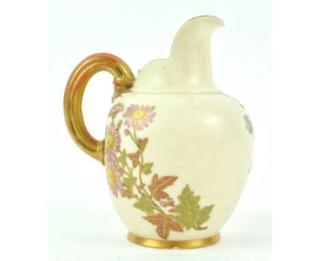 A Royal Worcester blush ivory jug, painted and gilded with flowers, factory marks in puce, 14cm high