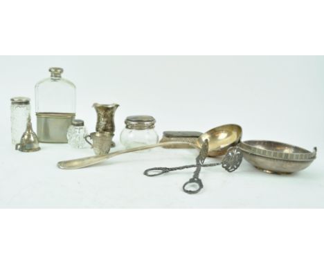 A Continental white metal fiddle and thread pattern soup ladle, 34cm long, and other items