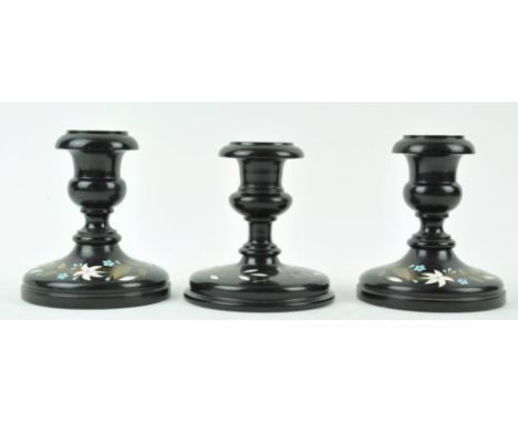 A pair of Victorian Derbyshire Ashford marble candlesticks, with pietra dura lilies and forget me nots, 13cm high, together w