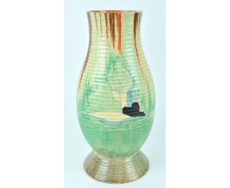 A Clarice Cliff Bizarre 'Forest Glen' pattern vase, of ribbed baluster form, on spreading foot, printed black marks (upper pa