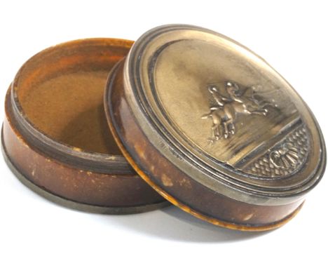 A Victorian Grand National 'Emblem' 1863 horn and metal-mounted circular snuff box and cover, inscribed 'EMBLEM/the first mar