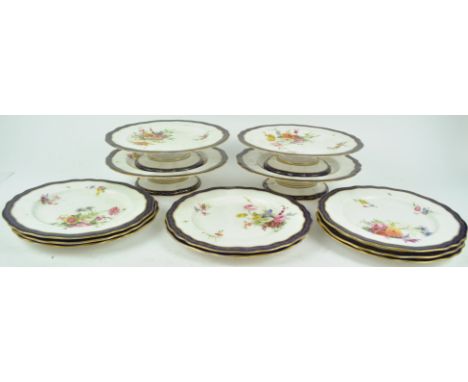 A Royal Worcester part dessert service, circa 1900, printed puce marks, painted with loose bouquets of flowers and sprigs wit