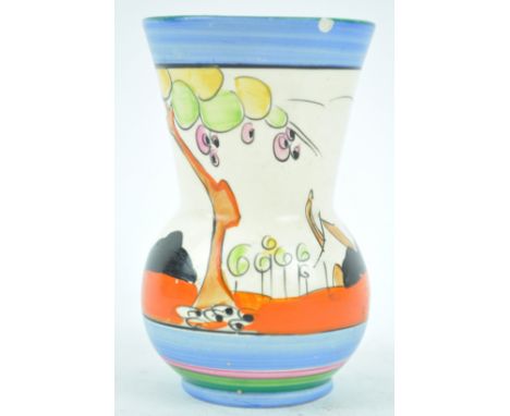 A Clarice Cliff 'tulip' pattern vase, painted with trees in a landscape, within line borders, factory marks, 9cm high (chip t