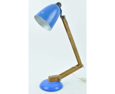 Terence Conran - Mac Lamp - A 1970's retro vintage articulated desk / table lamp having a domed plastic base, twin wooden arm