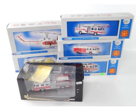 A Corgi die cast model of a Shippensbury Fire Dept E-One side mount fire engine, Los Angeles City Fire Department Huey Iroquo