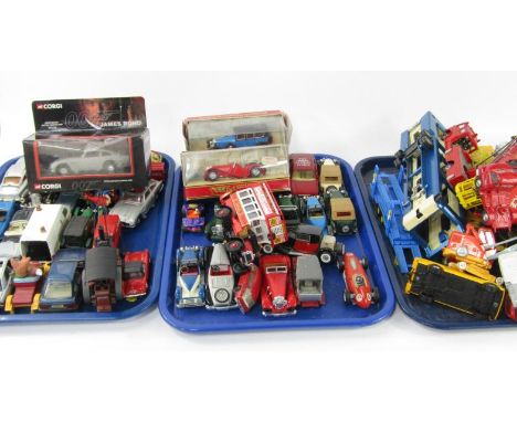 Corgi Toys, model diecast vehicles, and others including Matchbox Models of Yesteryear. (3 trays)