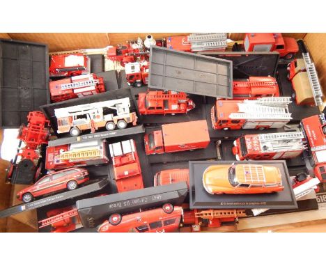 A die cast fire engine, tenders, cars and tractors, most on named plastic stands. (a quantity)