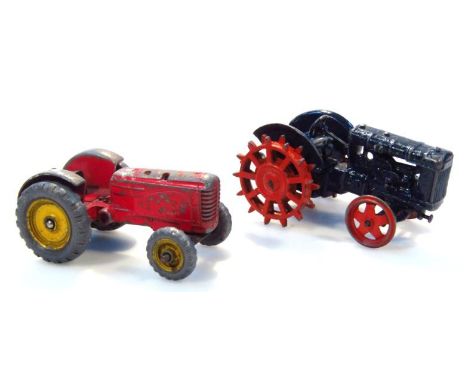 A Britain's metal Fordson major tractor, in blue with red spiked and plain wheels, 6cm high, and a Dinky Massey Harris metal 