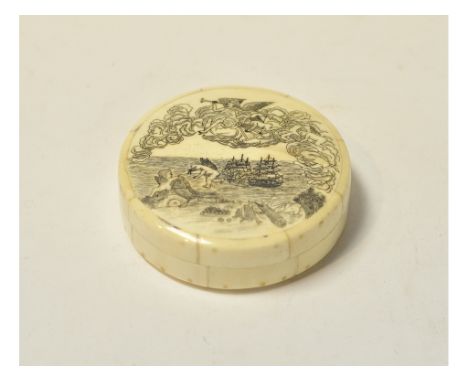 A bone pocket compass and sundial, with maritime decoration, 8 cm wide
