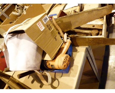 Two boxes of mixed tools including a leather apron 