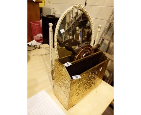 Brass vintage magazine rack, mirror and ships wheel barometer 
